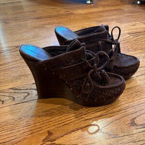 L.A.M.B • 8 • Brown Suede Wooden Platform Wedge Mules Closed Toe Clogs